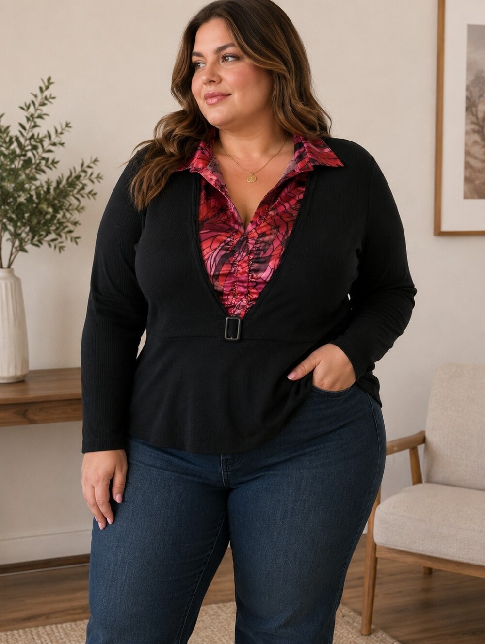 Style & Co. Black Top with Red and Pink Printed Lining